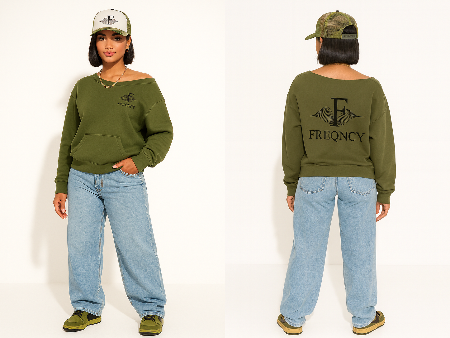 FREQNCY Signature Off-Shoulder Sweatshirt
